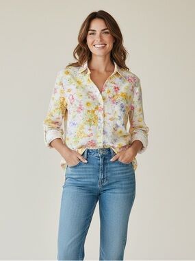 Talbots Floral Cotton Shirt | Cottagecore Pastel Watercolor Button-Down |Spring